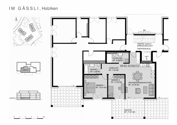 Plan Erdgeschoss 3 ½-Zimmer-Wohnungen A2/B2/C2 